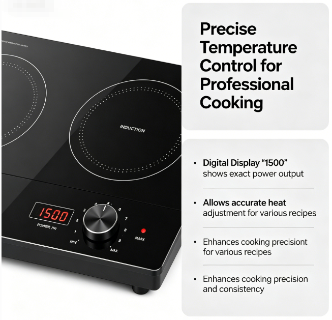 Dual Burner 2000W Induction Cooktop with Knob Control, Digital Display, Black Glass, Built-in &amp; Portable