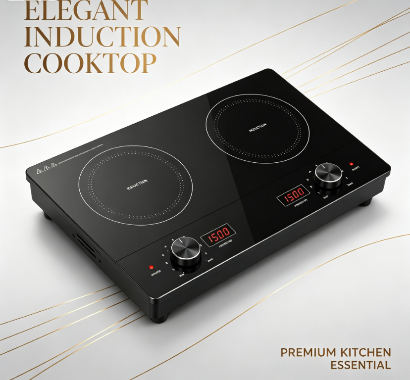 Dual Burner 2000W Induction Cooktop with Knob Control, Digital Display, Black Glass, Built-in &amp; Portable