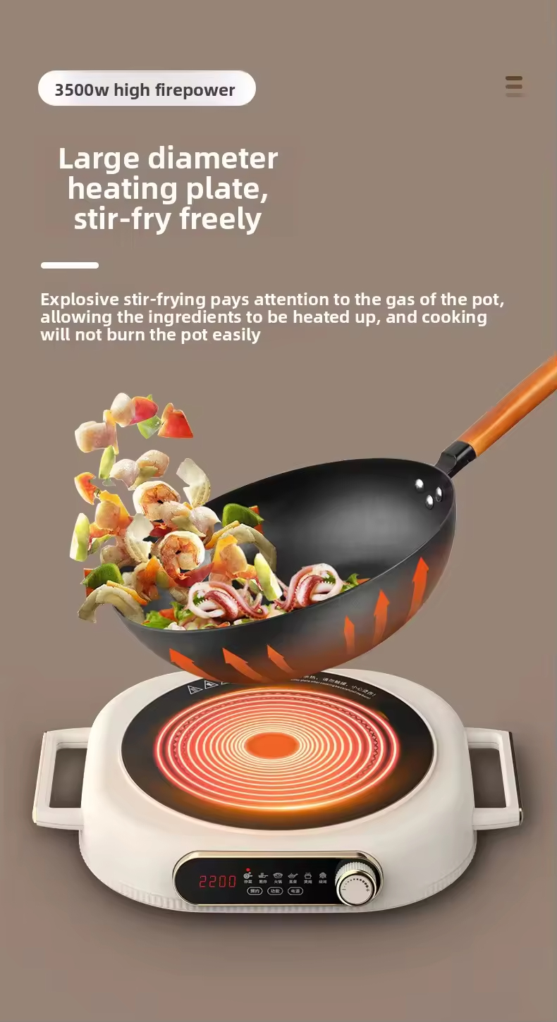 High-Power Smart Electric Induction Cooker 100W~3500W Touch Screen Waterproof 6-Level Firepower 3-Hour Timed Cooking