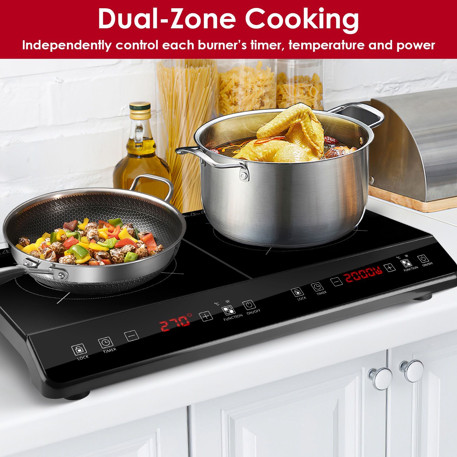 Induction Cooktop 4000W 2 Burner Sensor Touch Portable Electric Cooker with Glass Surface Household Use