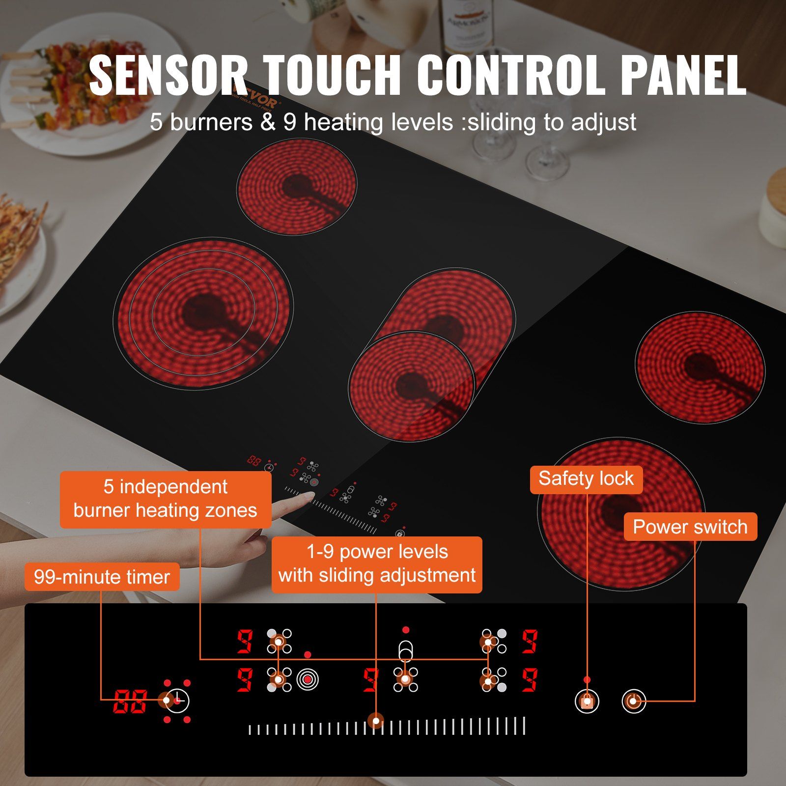 Built-In 35.4x20.5 Inch Ceramic Induction Cooktop with Touch Panel and 3400W Power