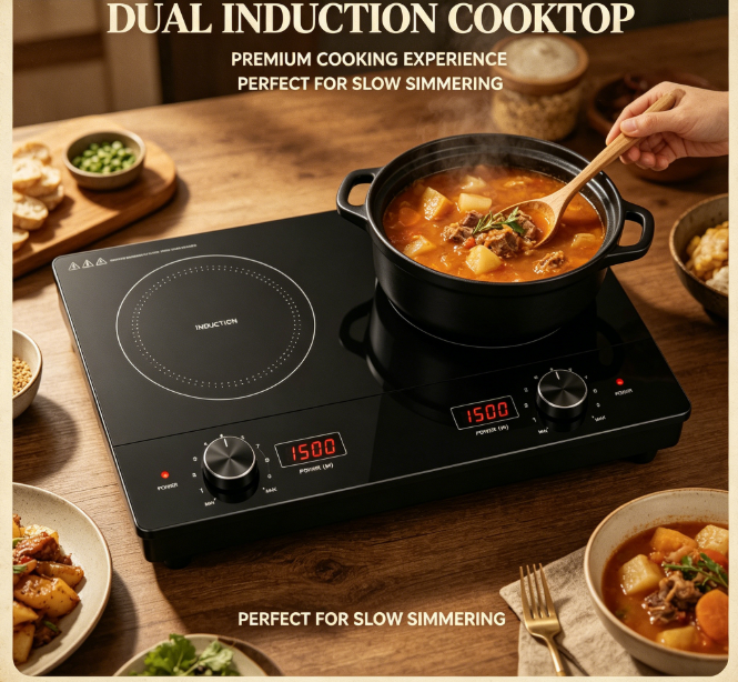 Dual Burner 2000W Induction Cooktop with Knob Control, Digital Display, Black Glass, Built-in &amp; Portable