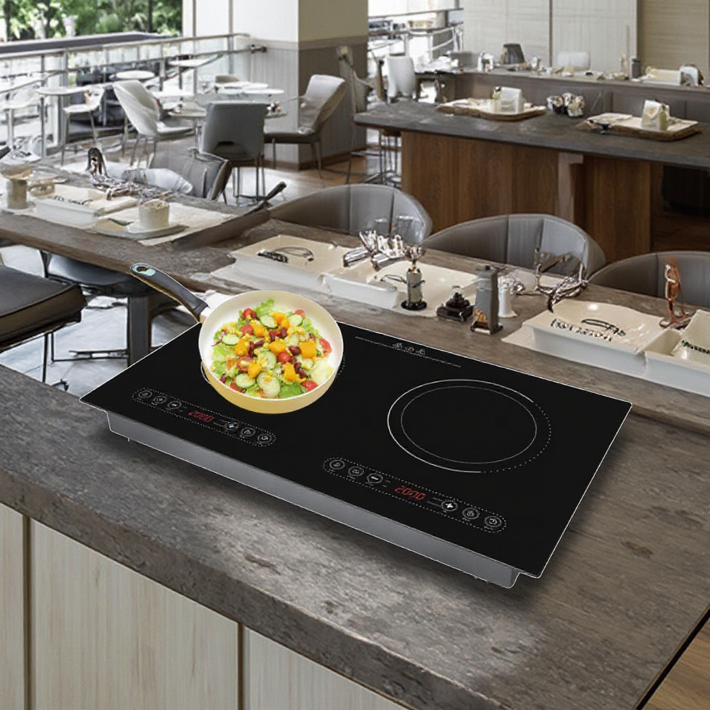 Commercial Built-In Double-Head Electric Cooktop with Crystal Plate 2-Burner Induction Cooker Multi-Function for Pots