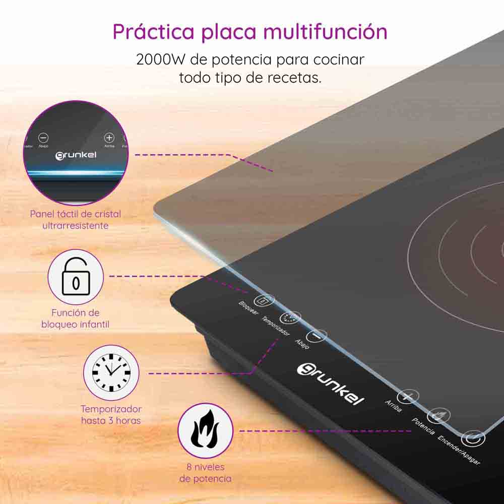 Grunkel Induction Hob 2000W 8 Power Levels Single Touch Control Toughened Glass Panel Household Electric Cooktop Kitchen