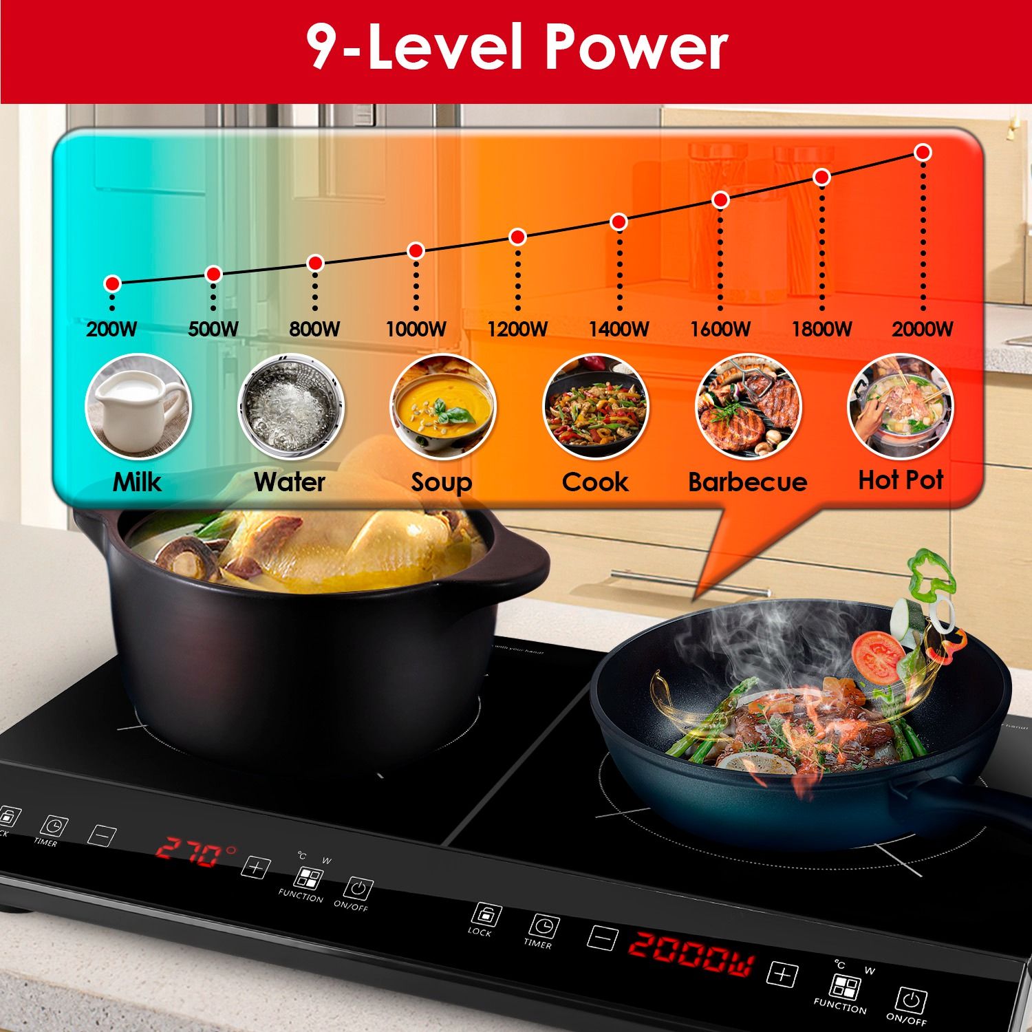 Induction Cooktop 4000W 2 Burner Sensor Touch Portable Electric Cooker with Glass Surface Household Use