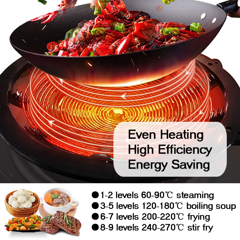 Concave Induction Wok Cooker 5000W Commercial Electromagnetic Ceramic Hob for Restaurant Kitchen
