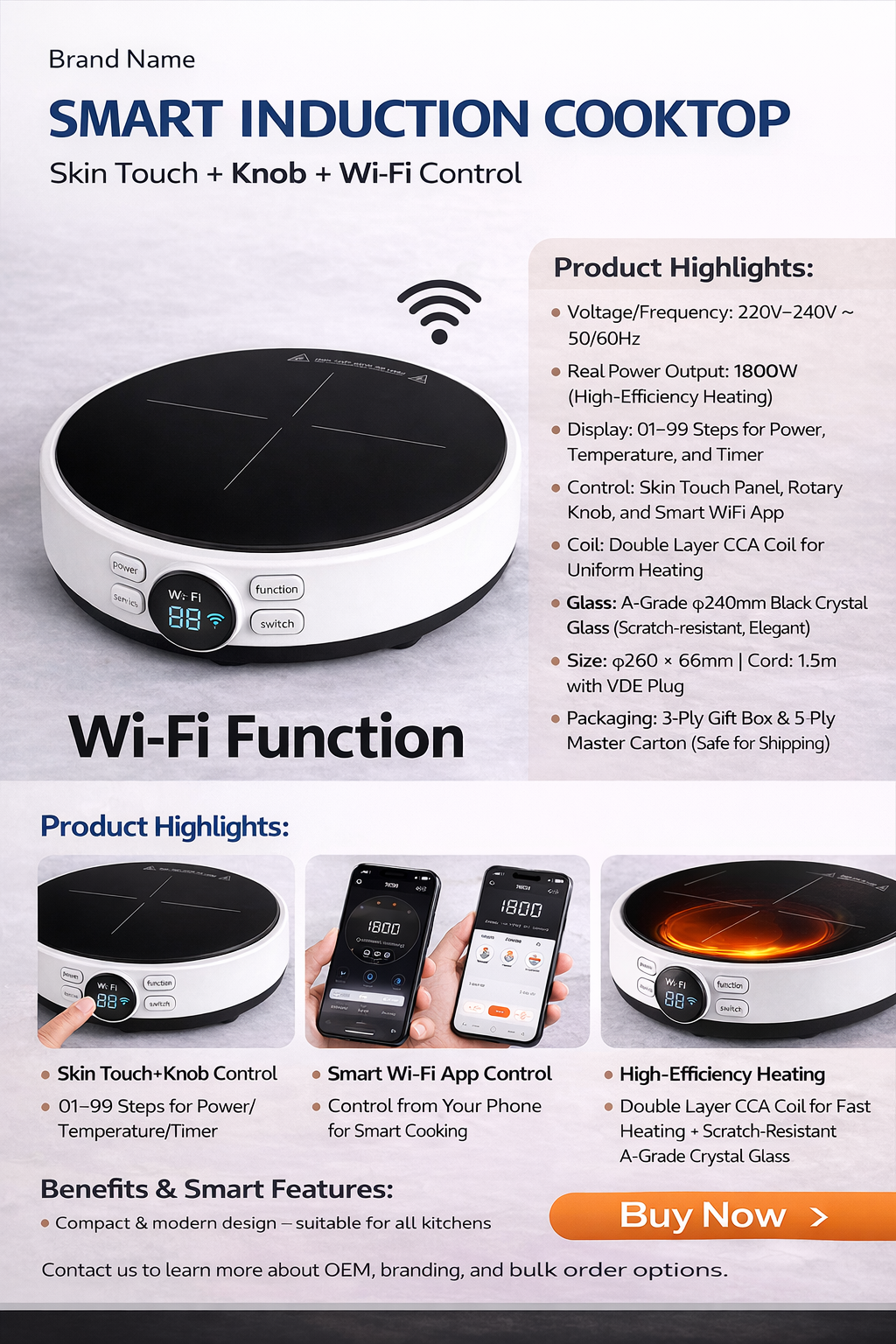 1800W Smart Induction Cooktop Portable Single Burner with Wi Fi App Touch Knob Control for Home Kitchen