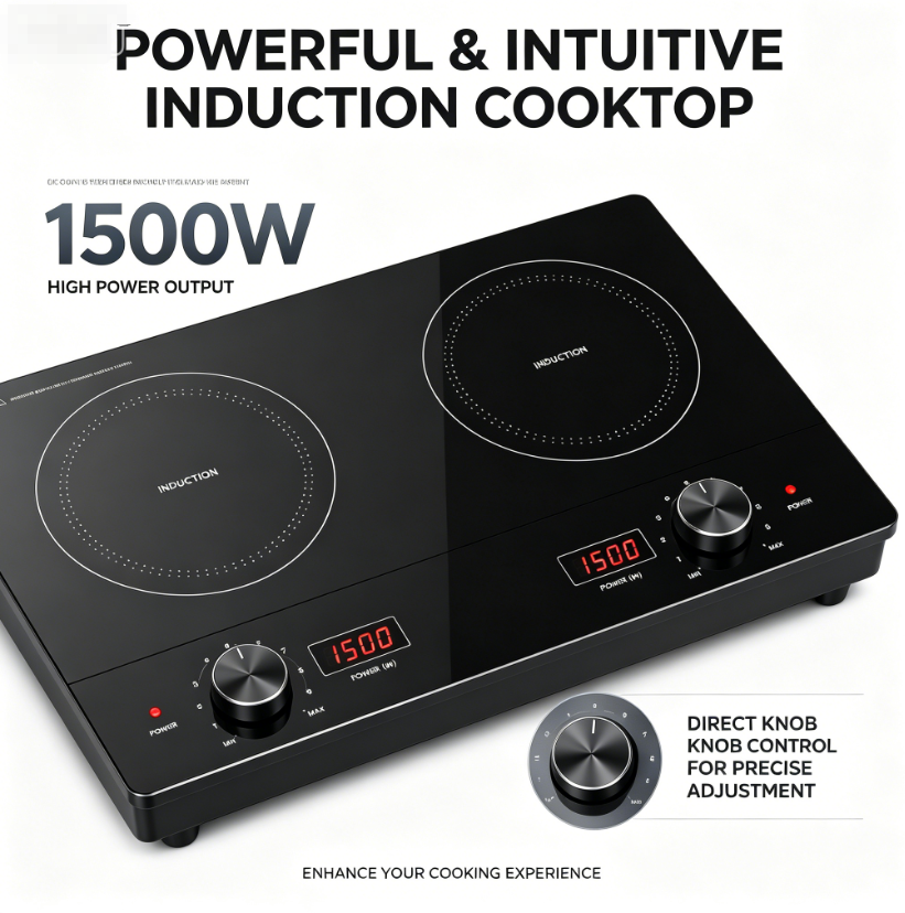 Dual Burner 2000W Induction Cooktop with Knob Control, Digital Display, Black Glass, Built-in &amp; Portable