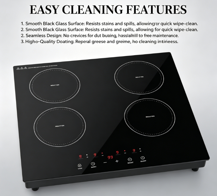 Multi-zone Induction Hob with 4 Cooking Zones, 88-280V, Built-in, Digital Display, Pan Sensor, Auto Shut-off, Black Glass Surfac