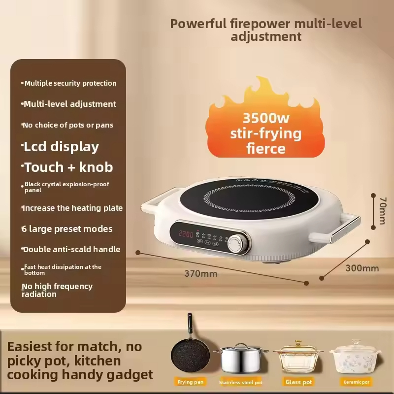High-Power Smart Electric Induction Cooker 100W~3500W Touch Screen Waterproof 6-Level Firepower 3-Hour Timed Cooking
