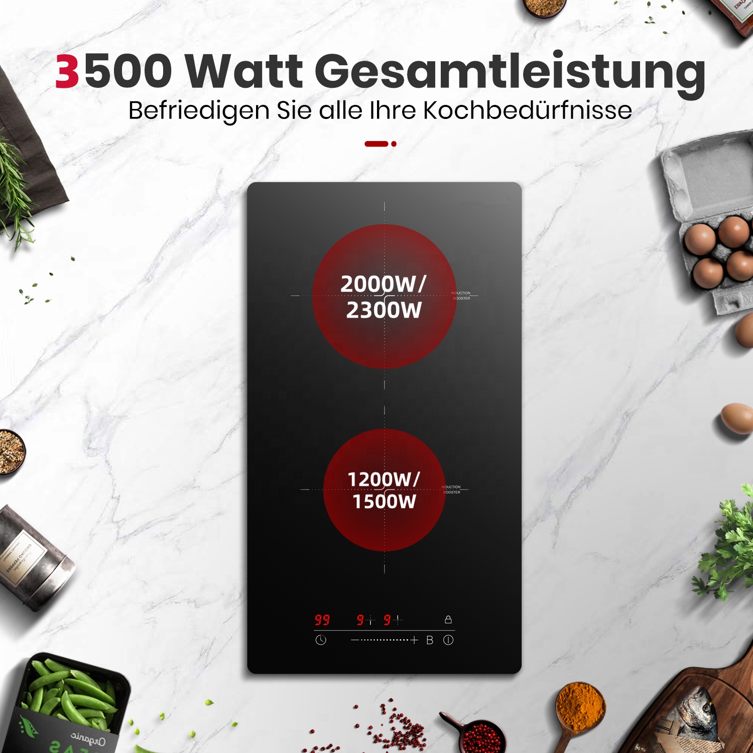 JunSky 3500W 12-Inch Ceramic Induction Cooktop Easy Clean Black Built-in Kitchen Appliance for Household Electric Power Source
