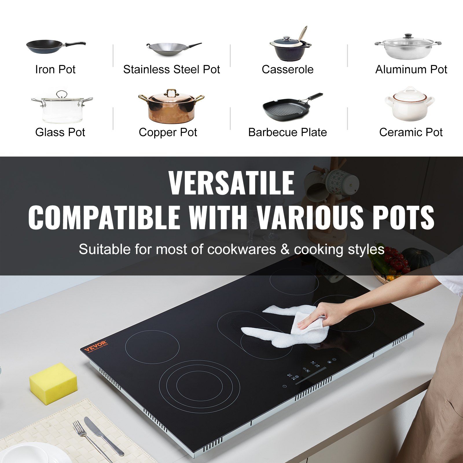 Built-In 35.4x20.5 Inch Ceramic Induction Cooktop with Touch Panel and 3400W Power
