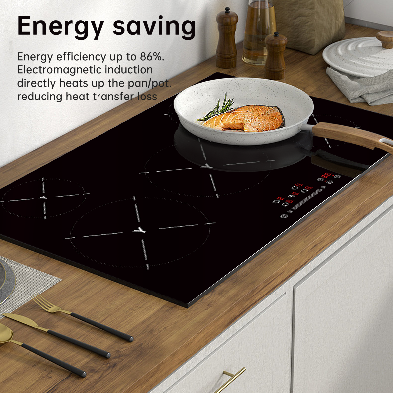 8000W Built-in Induction Cooktop 5 Burners Touch Screen Control 9-Temperature Heat Fast Customizable Color Household Use 1-Year