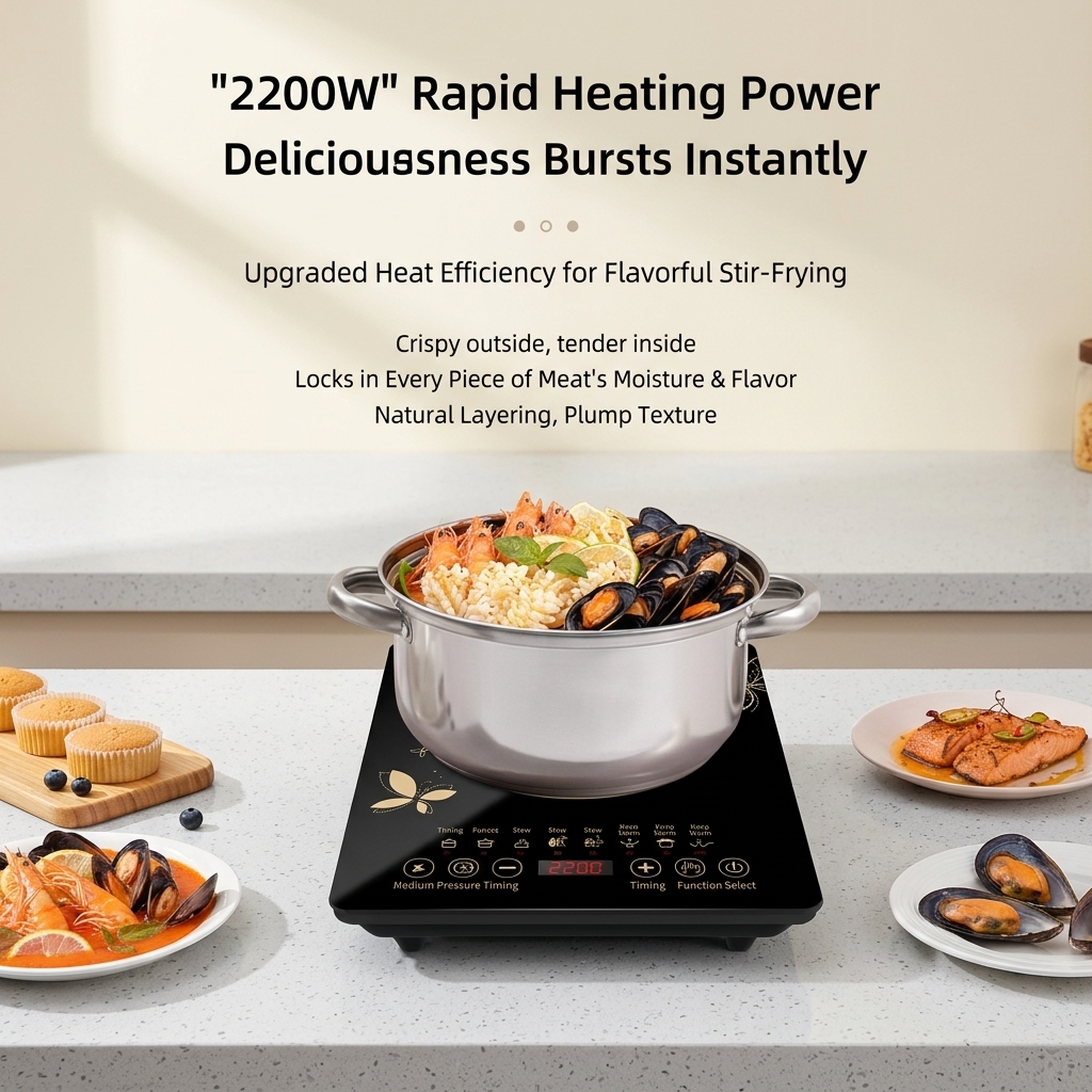 Electric Induction Cooktop Home Use Smart Timer Hot Pot Stir-Fry Stew Multi-Function; 1000W Large Waterproof All-in-One;