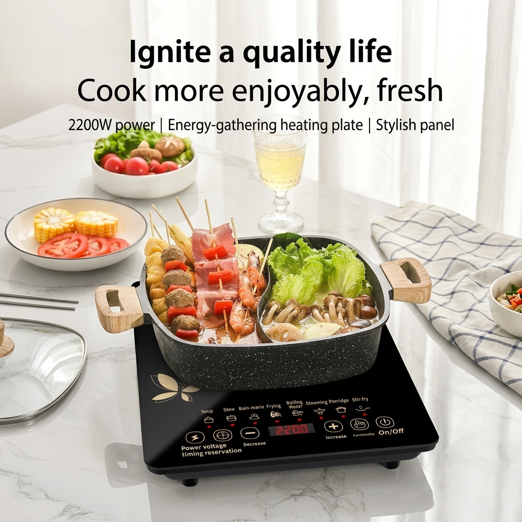 Electric Induction Cooktop Home Use Smart Timer Hot Pot Stir-Fry Stew Multi-Function; 1000W Large Waterproof All-in-One;