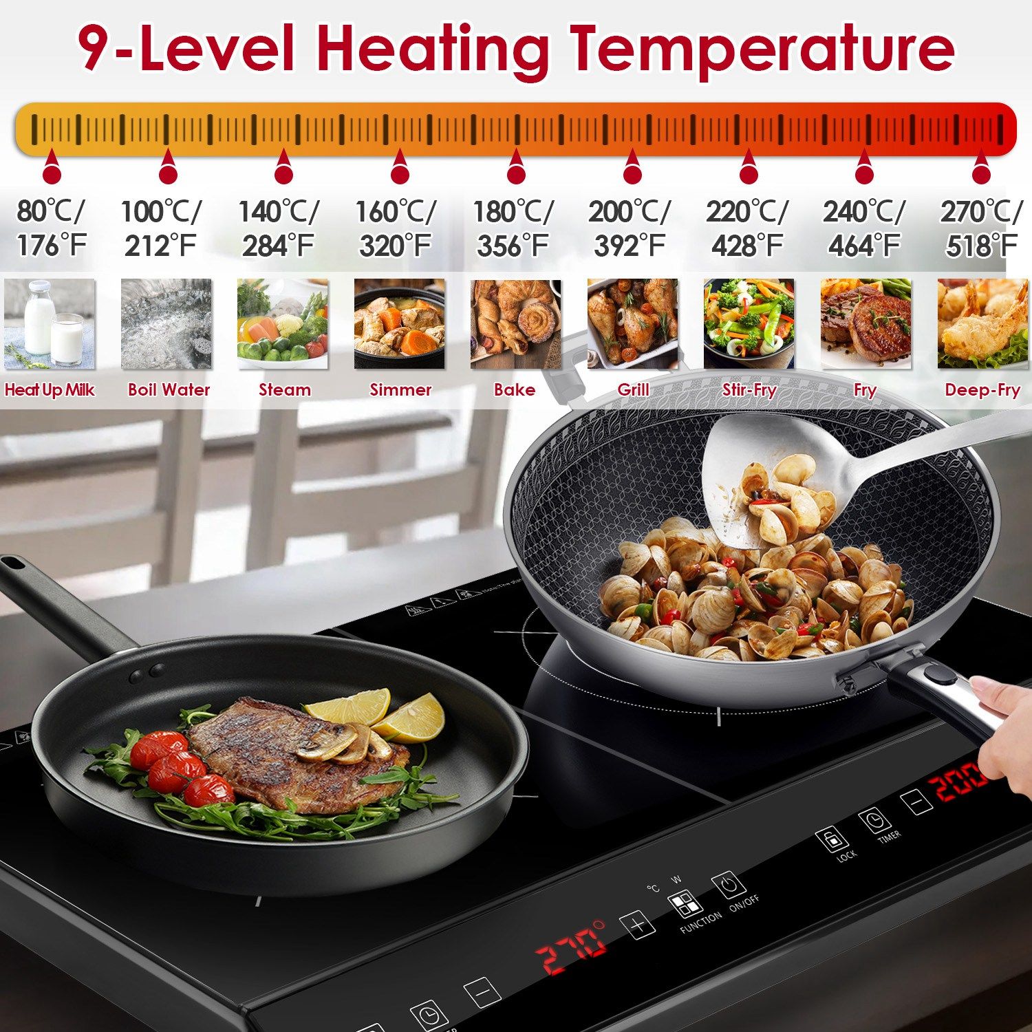 Induction Cooktop 4000W 2 Burner Sensor Touch Portable Electric Cooker with Glass Surface Household Use