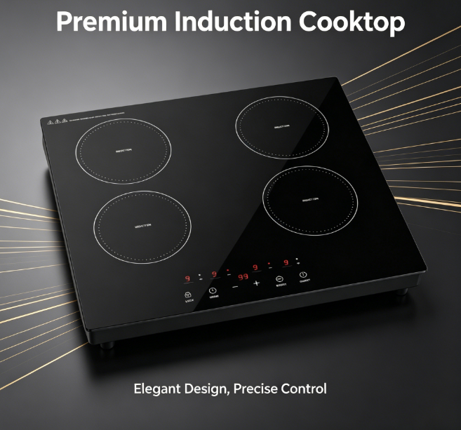 Multi-zone Induction Hob with 4 Cooking Zones, 88-280V, Built-in, Digital Display, Pan Sensor, Auto Shut-off, Black Glass Surfac