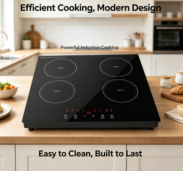 Multi-zone Induction Hob with 4 Cooking Zones, 88-280V, Built-in, Digital Display, Pan Sensor, Auto Shut-off, Black Glass Surfac