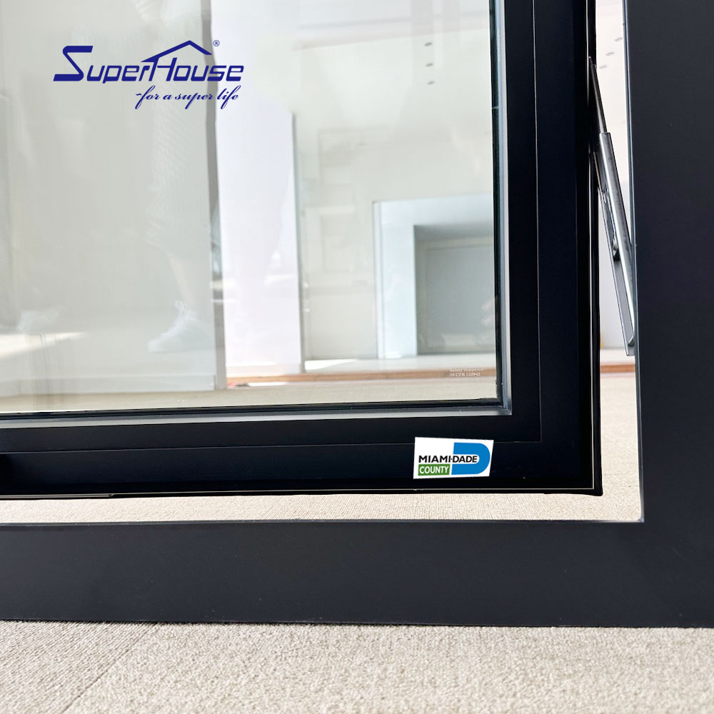 Superhouse Miami Dade NOA Certificated US Standard Tempered Glass Hurricane Impact Resistant Aluminum Awning Window