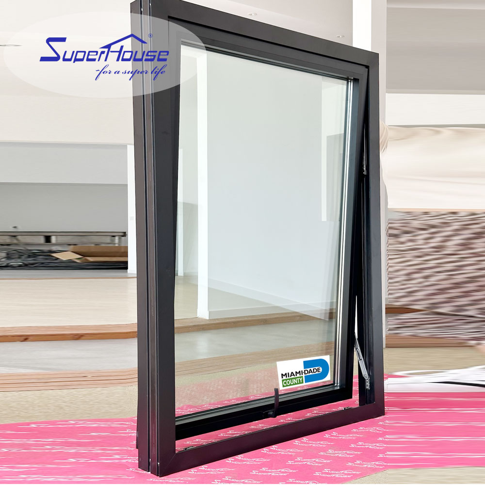 Superhouse Miami Dade NOA Certificated US Standard Tempered Glass Hurricane Impact Resistant Aluminum Awning Window