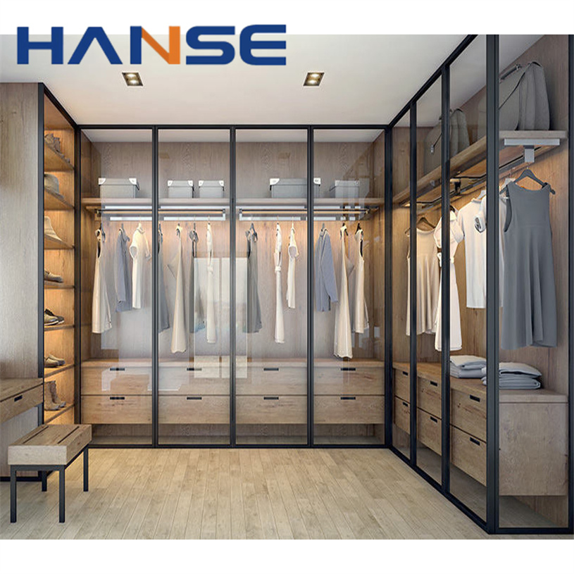 Custom Hotel Furniture Modern Prefab Closets Aluminum Frame Sliding Tempered Glass Door Wardrobe
