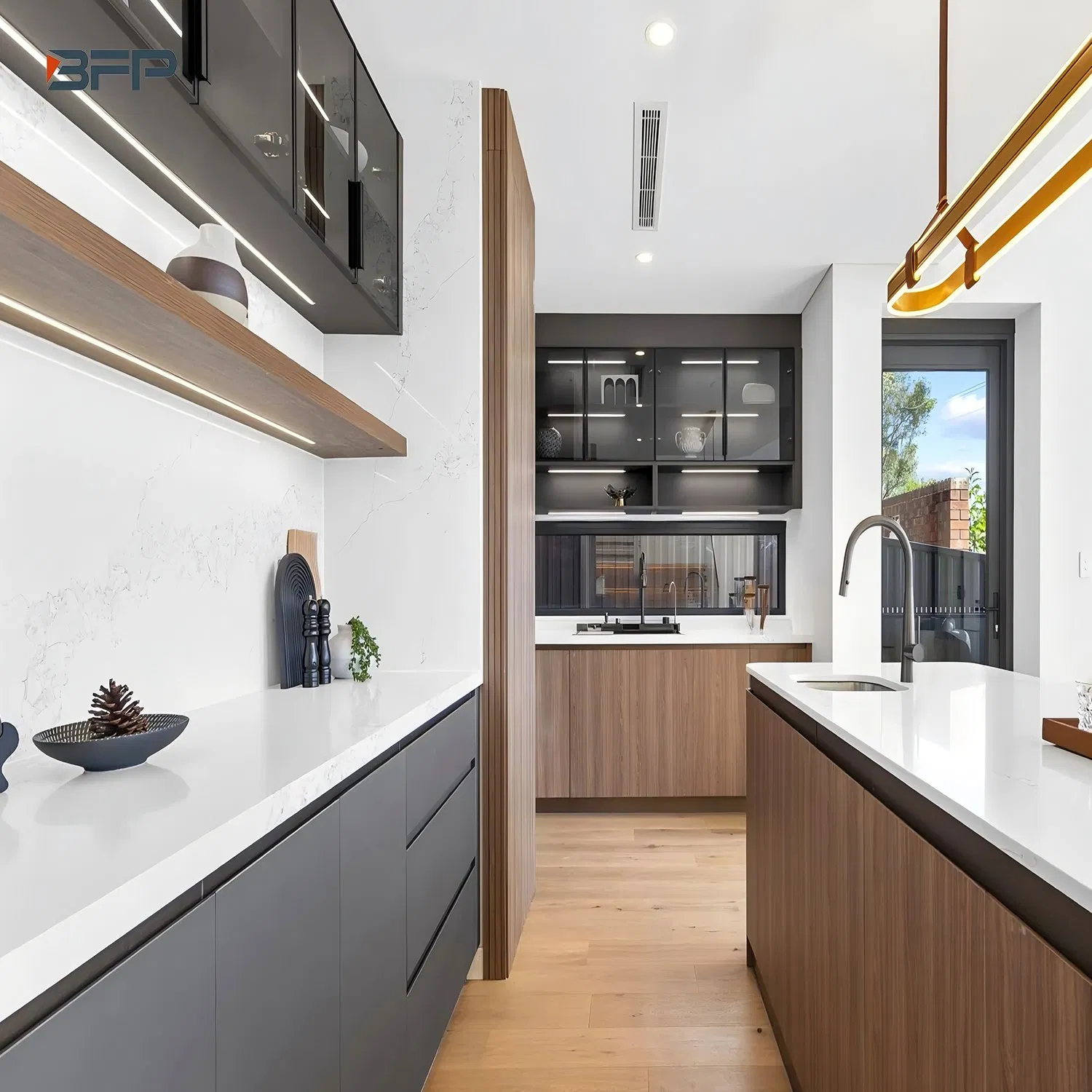 Minimalist Natural Wood Finish Glass Door Kitchen Cabinet with Elegant Curved Island