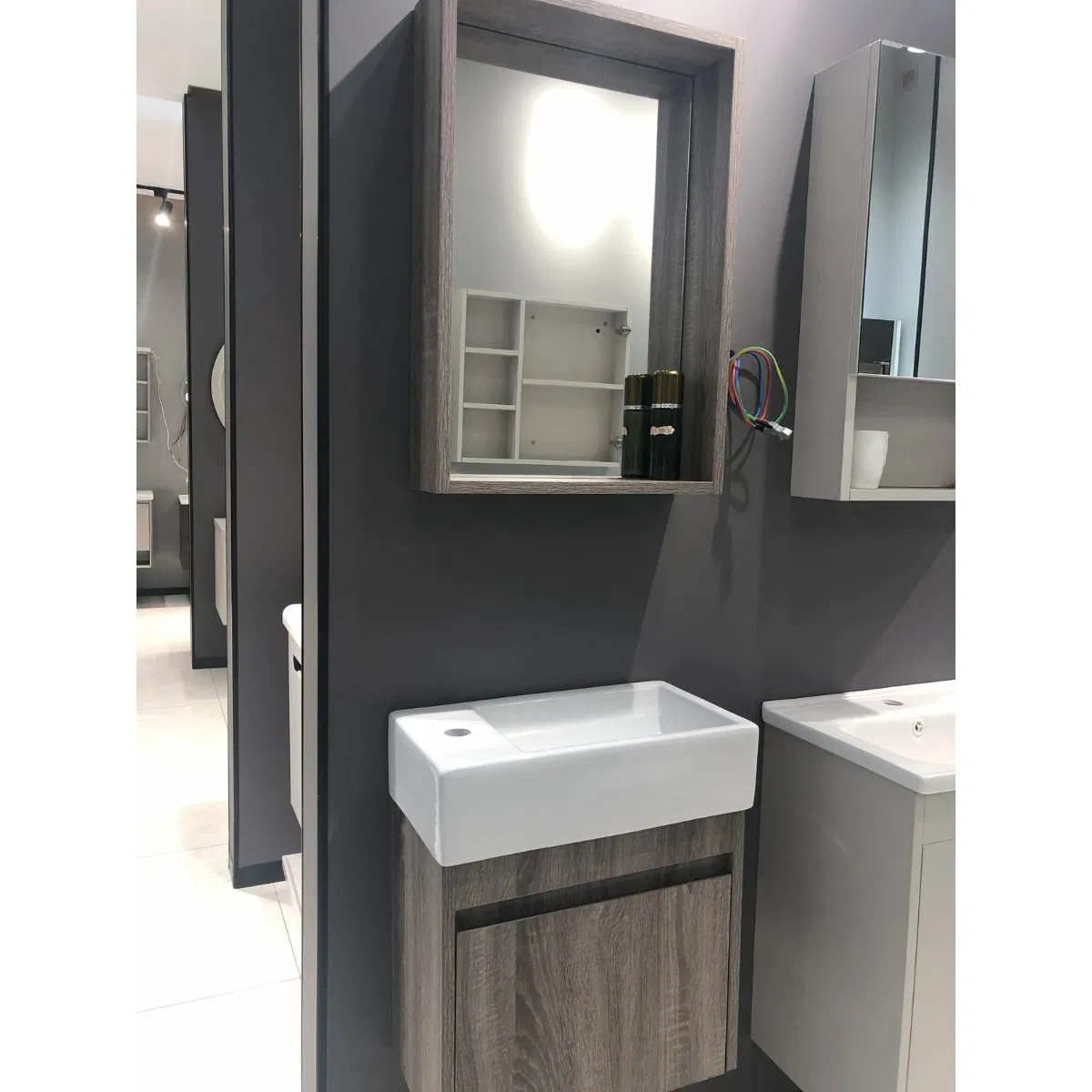 Farmhouse Bathroom Vanity Set-Double Sink, Distressed Wood &amp; Barn-Style Open-Shelf Mirror