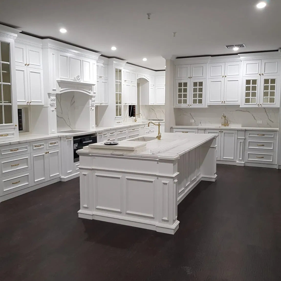 Modular Antique Design Style Glass Doors Island Solid Wood Modern Kitchen Cabinet