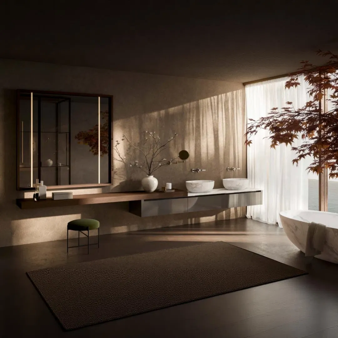 Old Money Style Bathroom Linen Cabinet Using HPL Board and Satin Lacquered Finish Featuring No Straightener Required