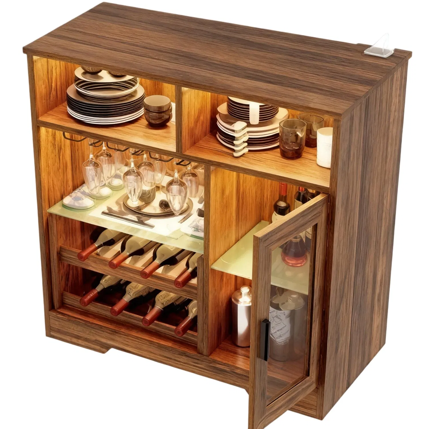 Modern Furniture Wooden Bar Cabinet with LED Light &amp; Glass Door Stylish Wine Storage Cabinet for Dining Room