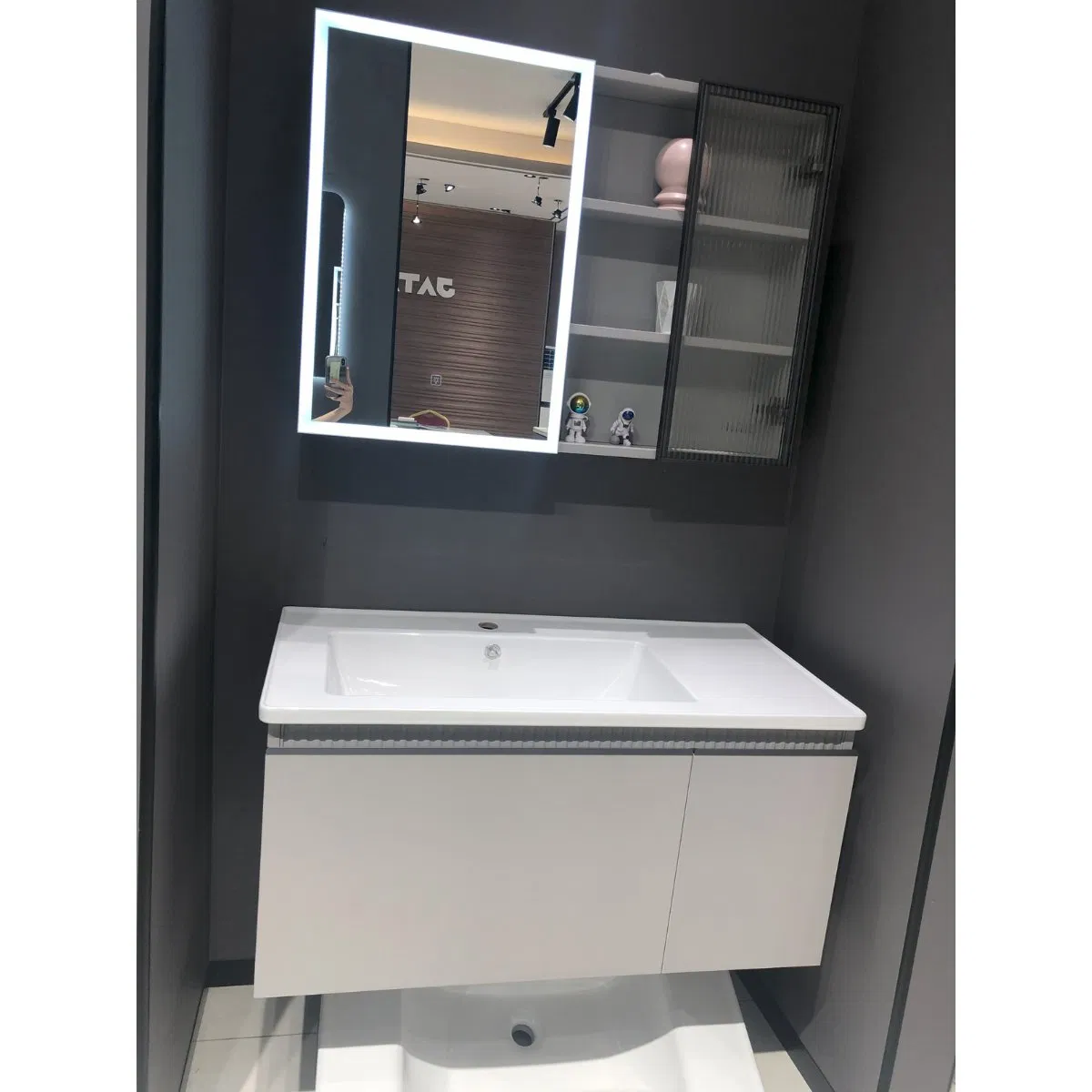 Farmhouse Bathroom Vanity Set-Double Sink, Distressed Wood &amp; Barn-Style Open-Shelf Mirror