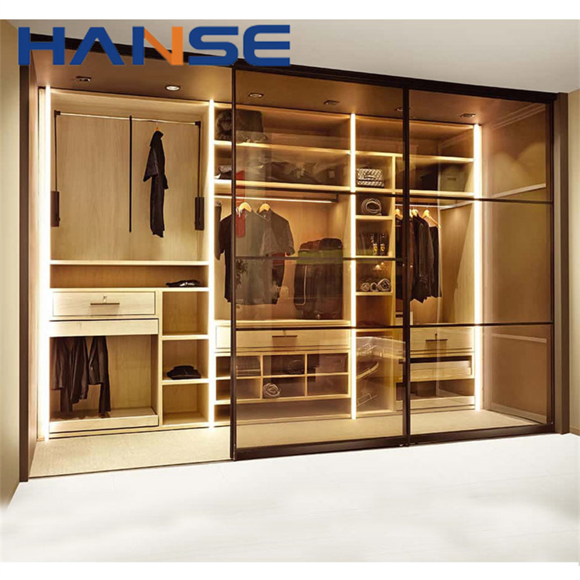 Custom Hotel Furniture Modern Prefab Closets Aluminum Frame Sliding Tempered Glass Door Wardrobe