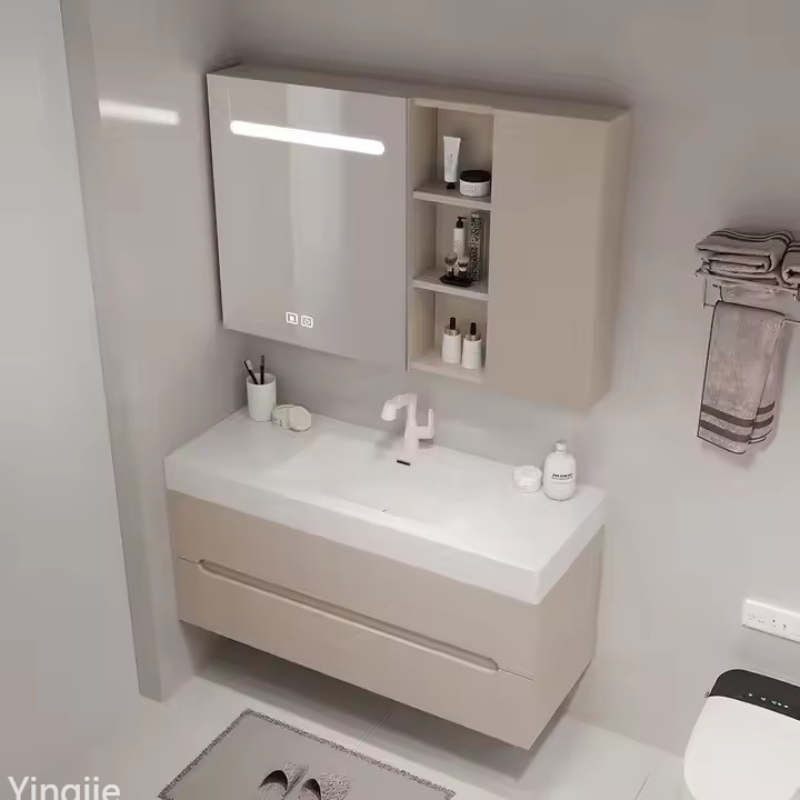 Modern Style White Plywood Bathroom Cabinet Double Sink Basin Floating Wooden Bathroom Vanity with Mirror for Hotels
