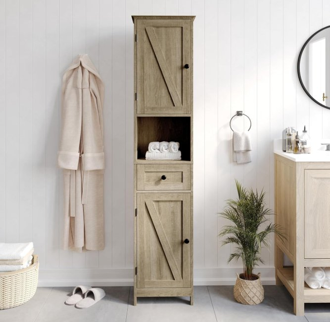 Bathroom Linen Tower with Double Cabinets and Storage Drawer, Open Shelf, Metal Handles and Hinges, Brown
