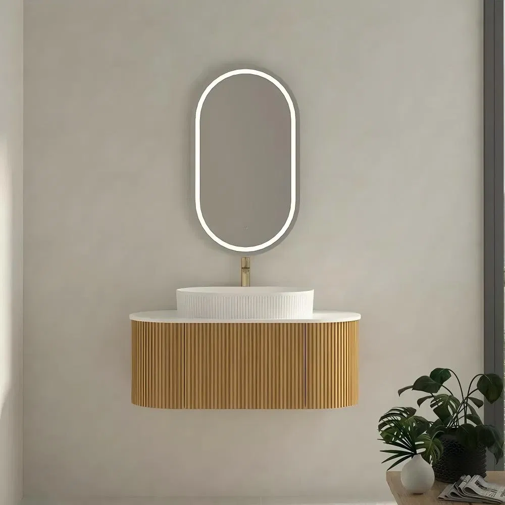 Wooden Ribbed Floating Vanity with LED Oval Mirror &amp; Gold Faucet