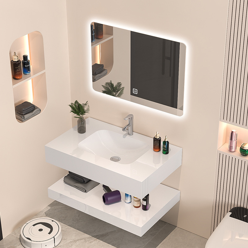 Wall Mounted Floating Modern White Waterproof Surface Integrated Sink Double Shelf LED Lighted Bathroom Vanity