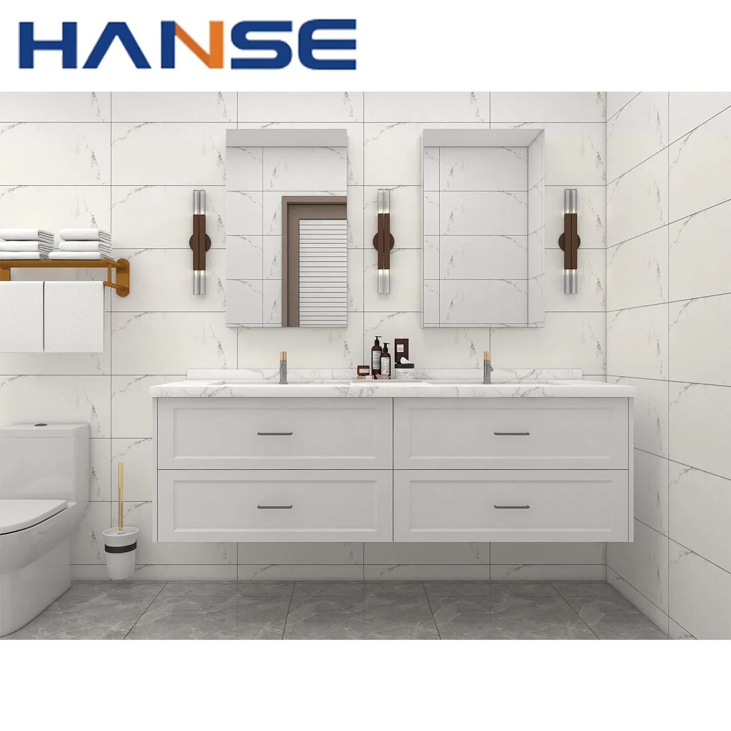 Modern Bathroom Vanity Double Sink Hotel Solid Wood Bathroom Cabinet Combo Marble Floating Vanity