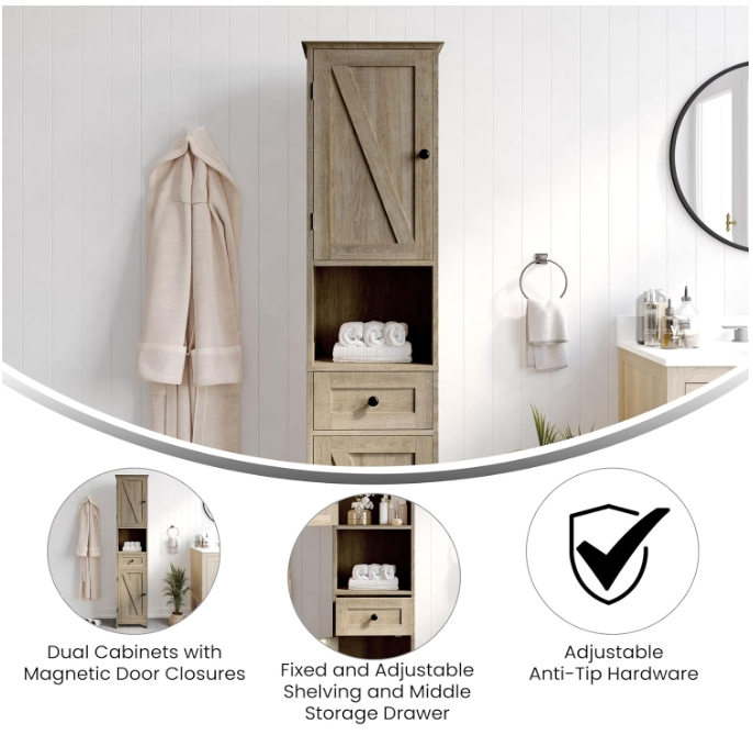 Bathroom Linen Tower with Double Cabinets and Storage Drawer, Open Shelf, Metal Handles and Hinges, Brown