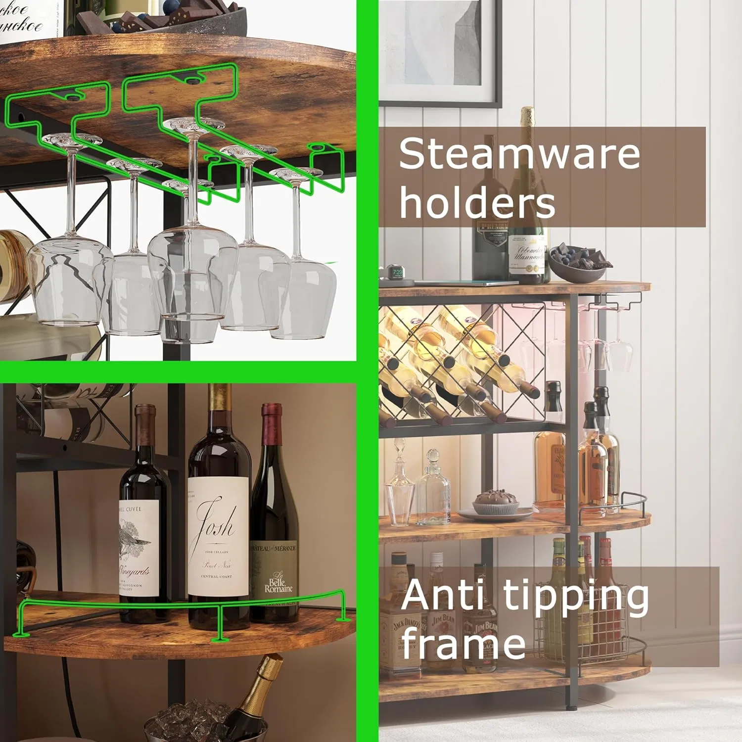 Multi-Tier Industrial Bar Cabinet with LED Light &amp; Wine Glass Storage Holders