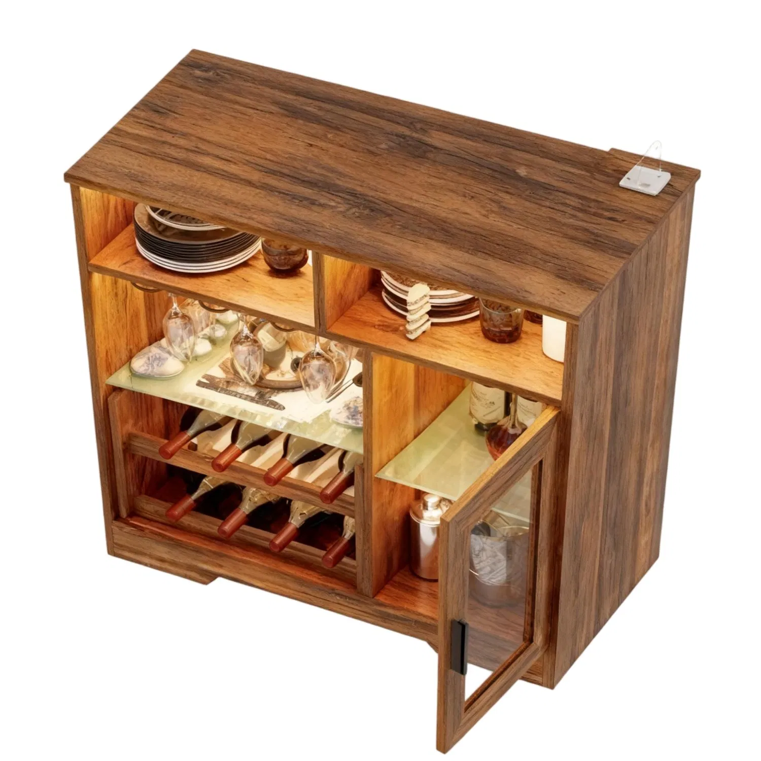 Modern Furniture Wooden Bar Cabinet with LED Light &amp; Glass Door Stylish Wine Storage Cabinet for Dining Room