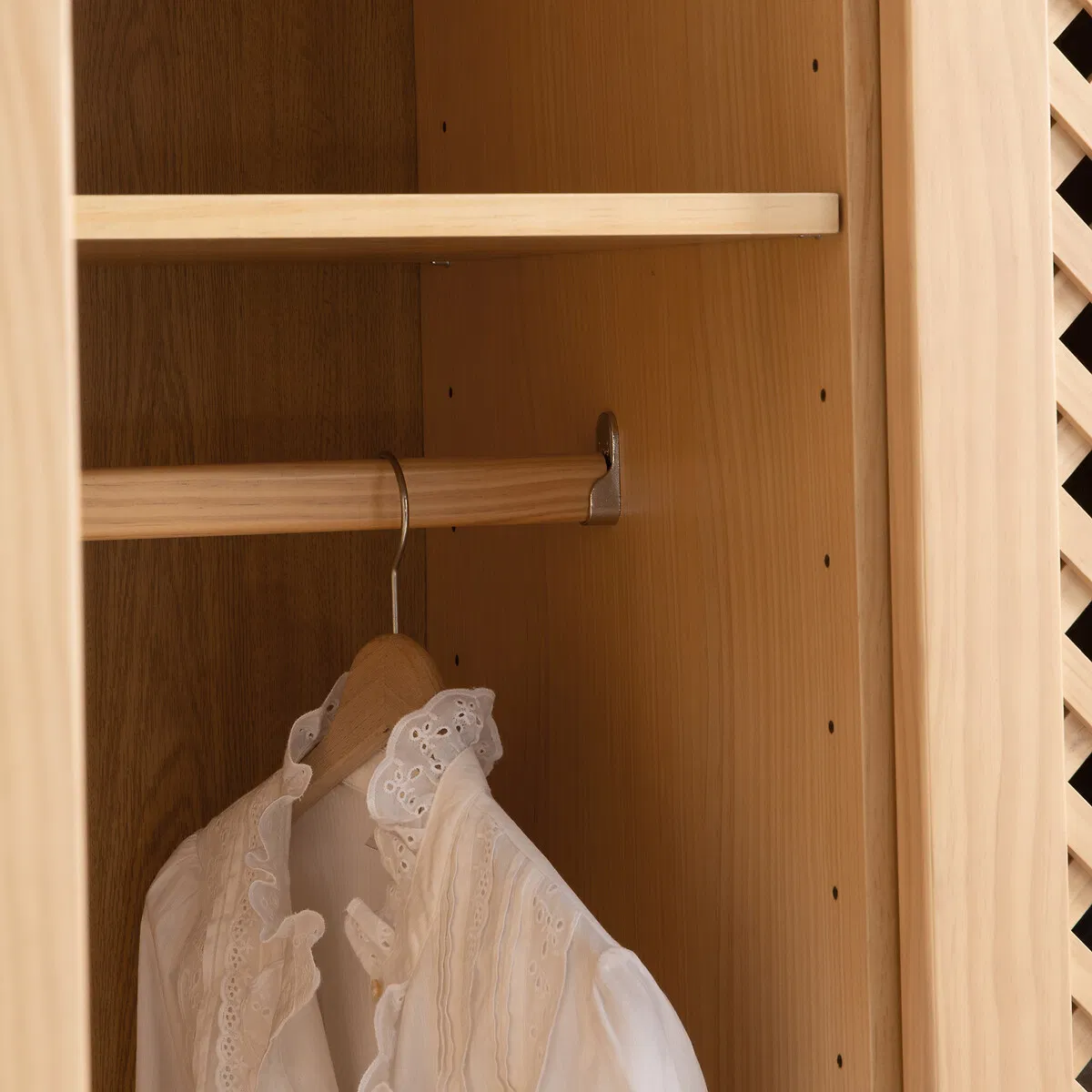 Nordic Minimalist Solid Wood Closet Wardrobe with Lattice - Patterned Doors &amp; Round Metal Knobs for Cozy or Home Organization