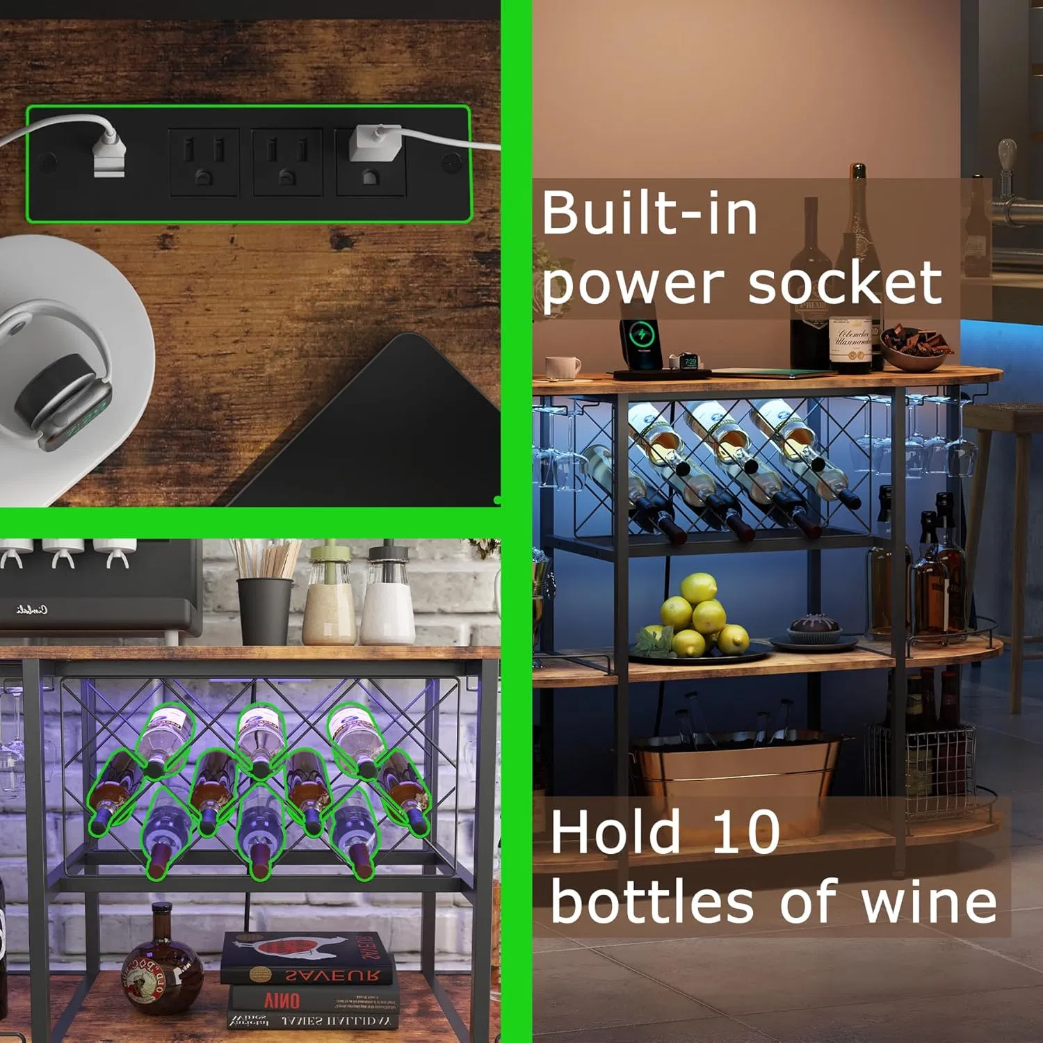 Multi-Tier Industrial Bar Cabinet with LED Light &amp; Wine Glass Storage Holders