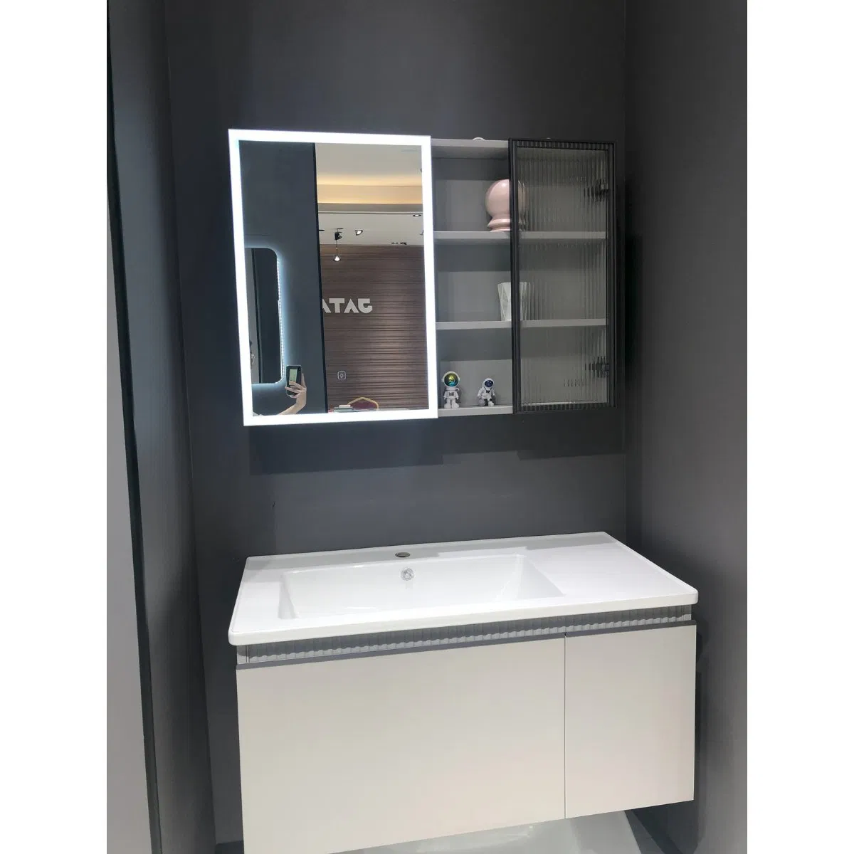 Farmhouse Bathroom Vanity Set-Double Sink, Distressed Wood &amp; Barn-Style Open-Shelf Mirror