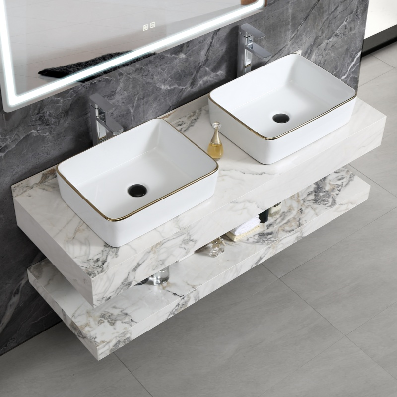 Double Single Wall Mounted White Marble Sintered Stone Cabinet Wash Basin Floating Bathroom Vanities with Mirror