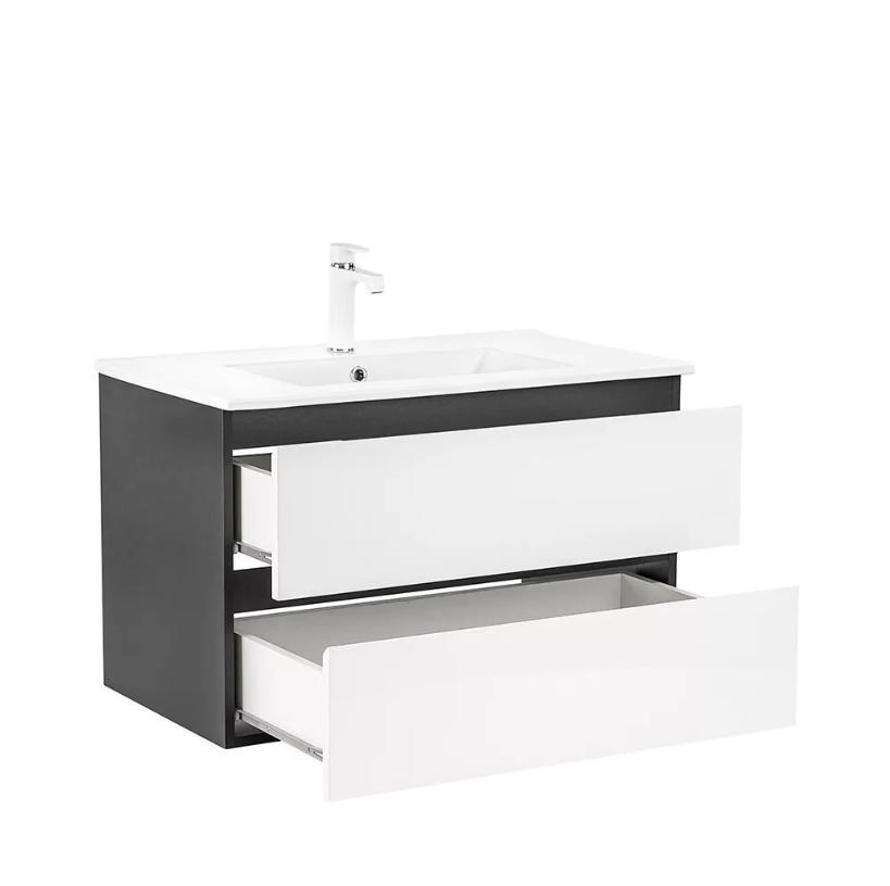 Black &amp; White Wall-Mounted Bathroom Vanity with Double Drawers &amp; Integrated White Sink