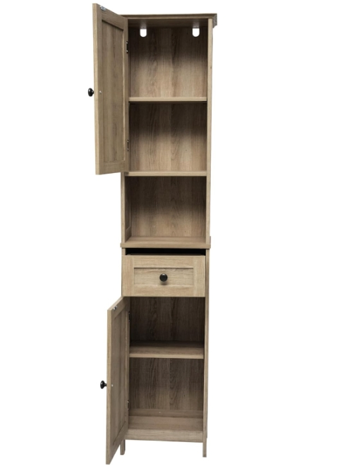 Bathroom Linen Tower with Double Cabinets and Storage Drawer, Open Shelf, Metal Handles and Hinges, Brown
