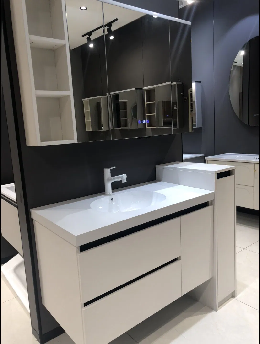 Cloud-Textured Ceramic Top Washbasin Cabinet-Linen-Wrapped Frame &amp; Silent Glide Drawers