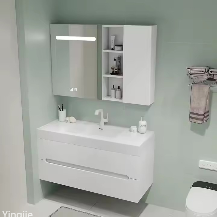 Modern Style White Plywood Bathroom Cabinet Double Sink Basin Floating Wooden Bathroom Vanity with Mirror for Hotels