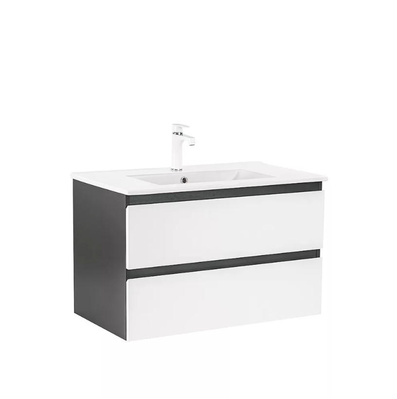 Black &amp; White Wall-Mounted Bathroom Vanity with Double Drawers &amp; Integrated White Sink