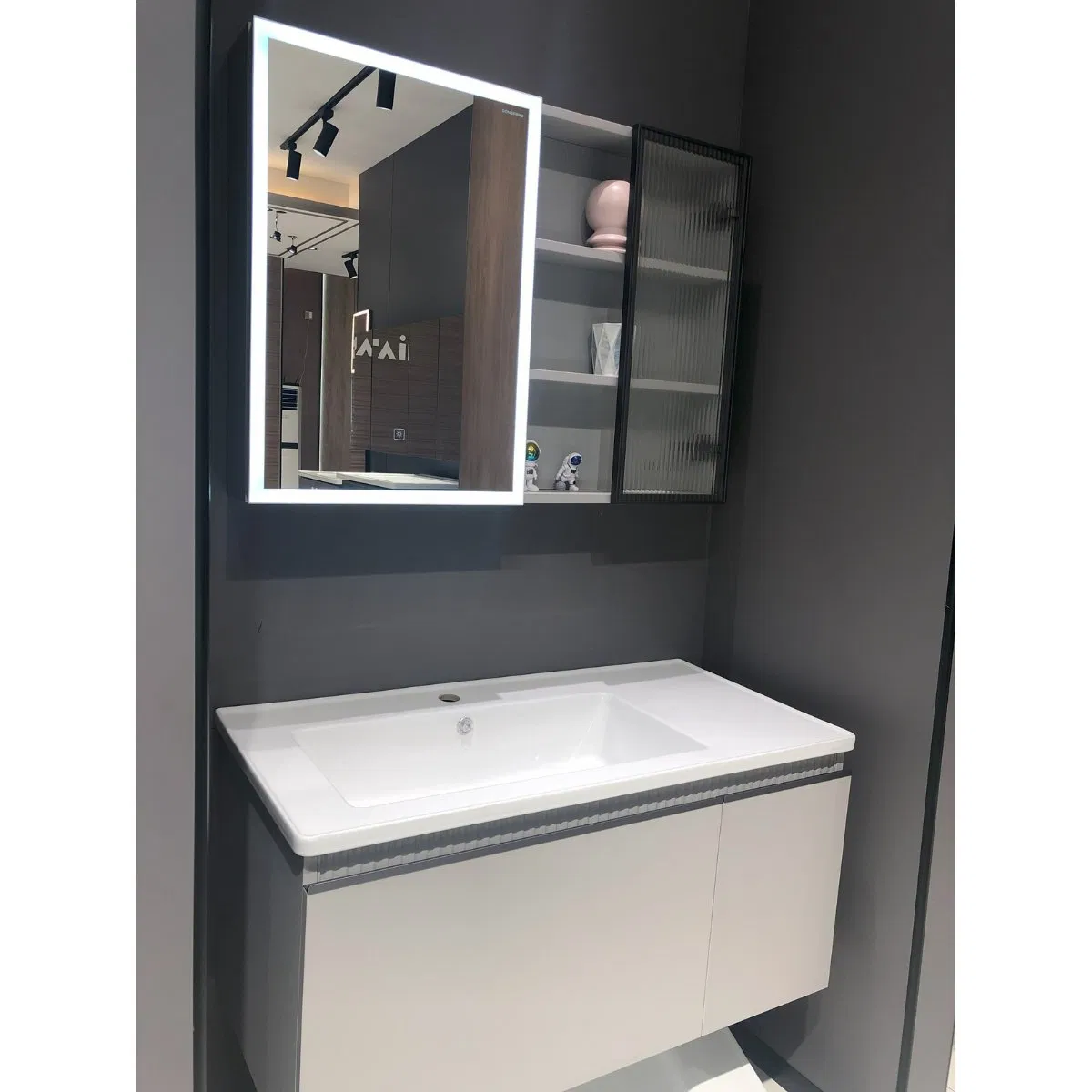 Farmhouse Bathroom Vanity Set-Double Sink, Distressed Wood &amp; Barn-Style Open-Shelf Mirror